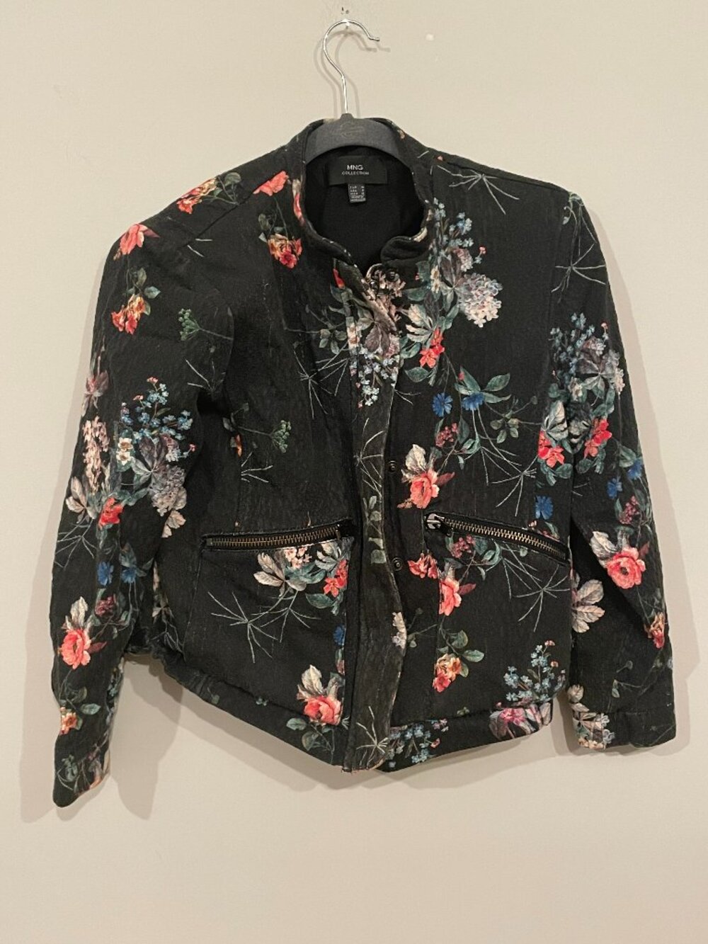 MNG Mango Floral Print Moto Jacket Women’s US 6 Medium Black Zip Pockets